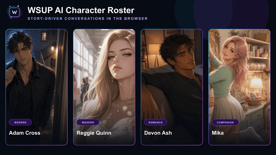 WSUP AI character roster showing four AI characters with their themes