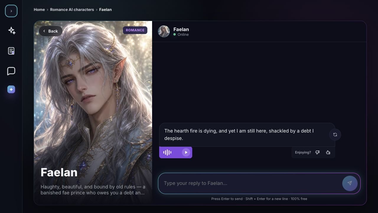 Faelan fantasy character chat open on the live WSUP AI website.