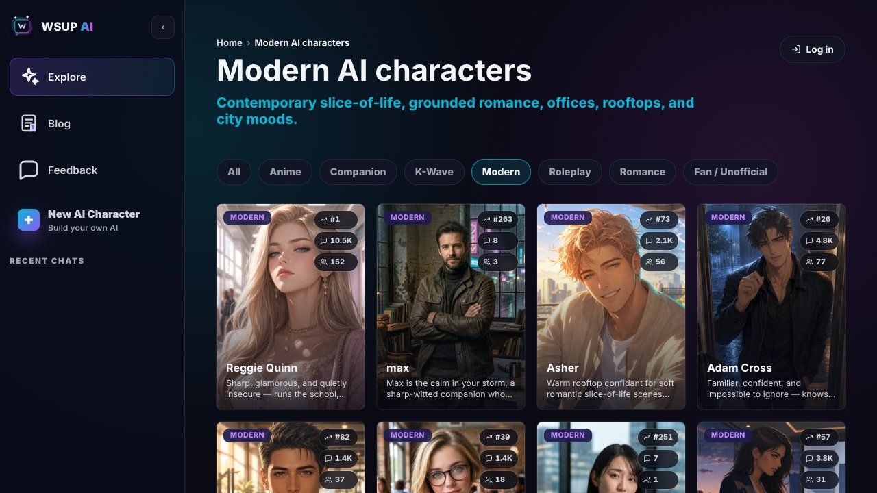 Romance character roster displayed on the live WSUP AI website.