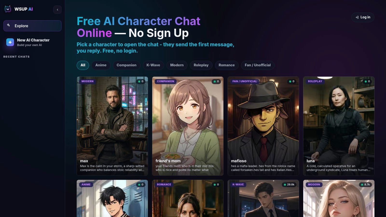WSUP AI, free AI character chat online with rich media and no signup