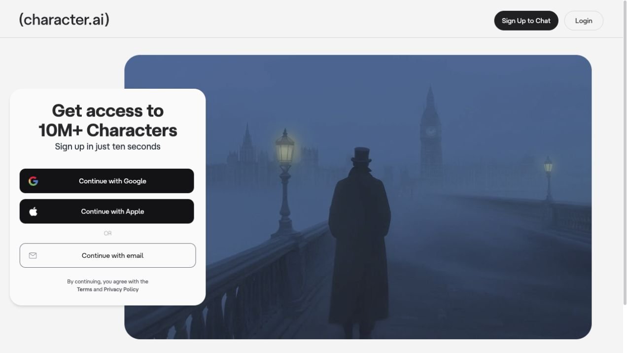 Character AI signup page with Google, Apple, and email options.