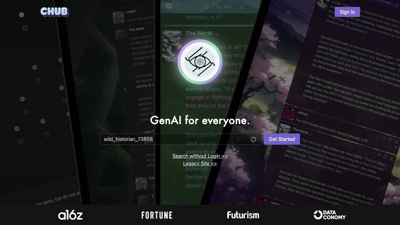 Chub AI landing screen for a generative roleplay platform