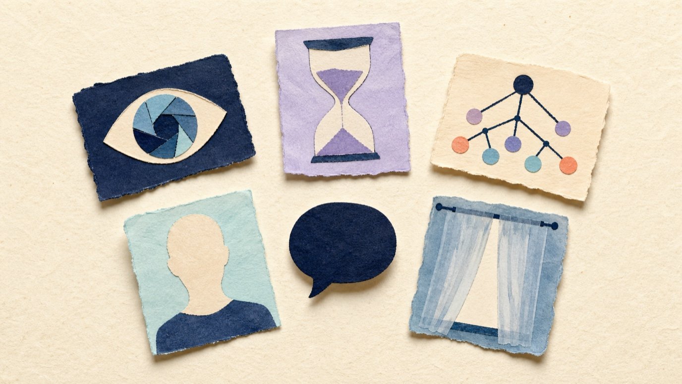 Five paper privacy symbols surrounding a central chat bubble.