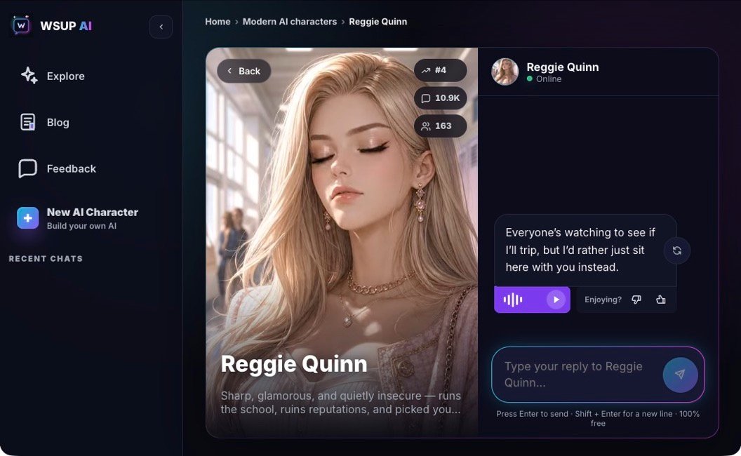 WSUP AI character chat with audio playback and regenerate controls