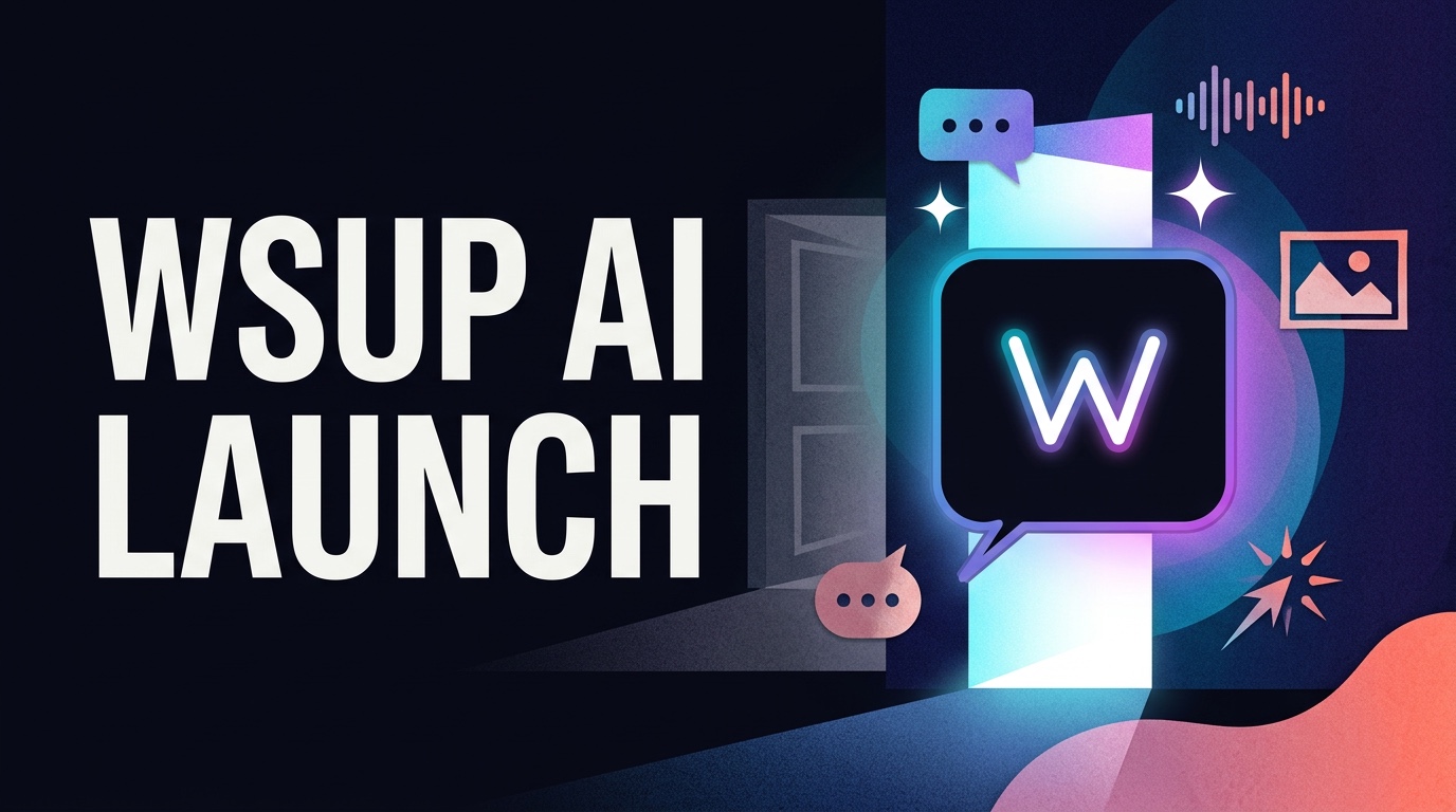 WSUP AI logo emerging through a bright doorway with chat and media symbols