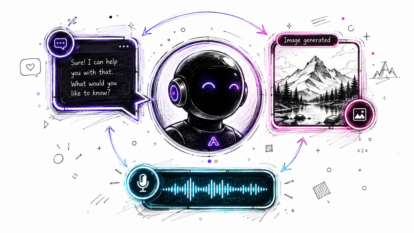 A stylized robot assistant interacting with text chat, voice input, and image generation, presented in sketch-style digital art.