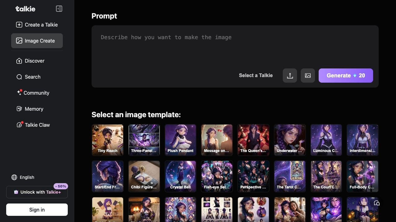 Talkie image-creation workspace with selectable character templates.