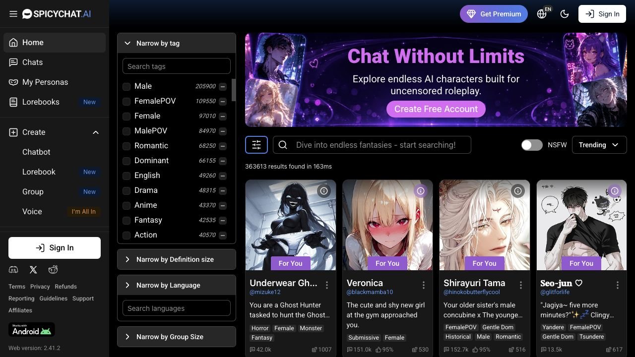 SpicyChat character catalogue with tags, search, and creator navigation.