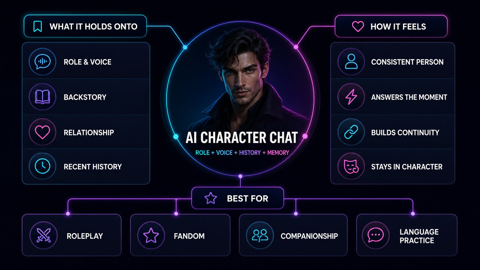 An infographic diagram explaining what an AI Chat Generator is, how it works, and its capabilities.