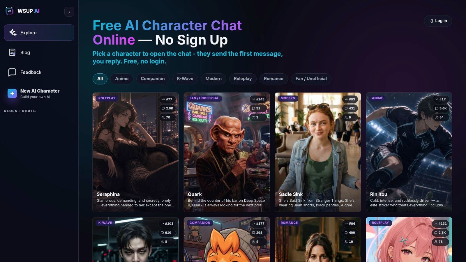 WSUP AI public character roster with category filters and guest login