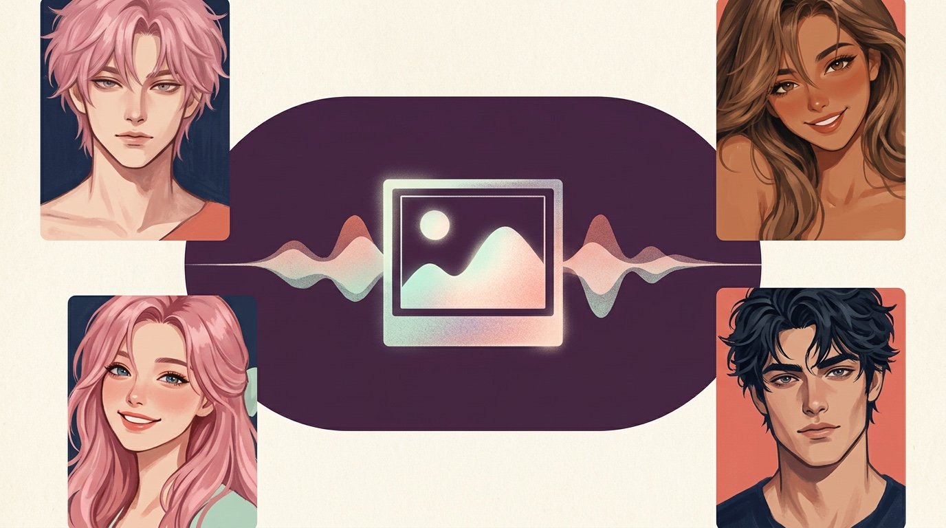 An adult user viewing an optional character image while audio-wave ribbons flow from a phone.
