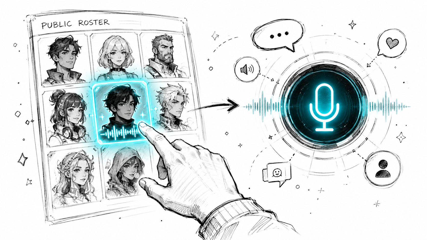 A hand selecting a digital character avatar from a roster to initiate an AI voice chat interaction.