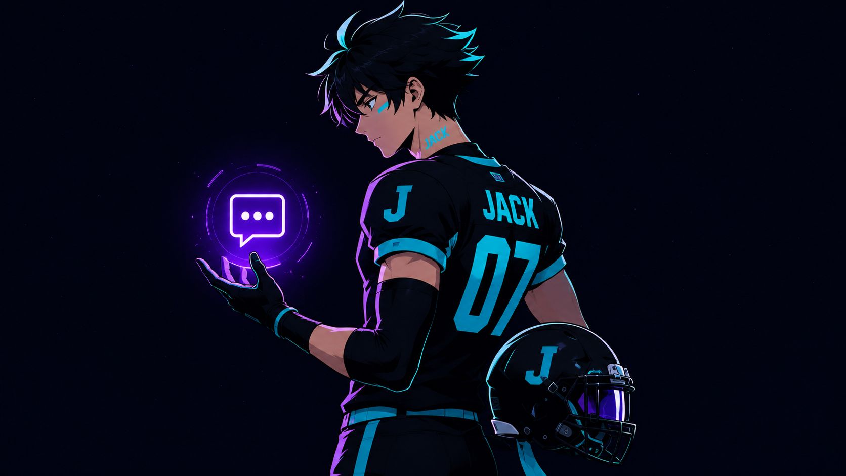 An anime style male athlete holding a glowing chat bubble icon against a dark background.