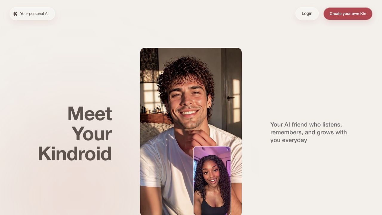 Kindroid homepage presenting a persistent personal AI companion.