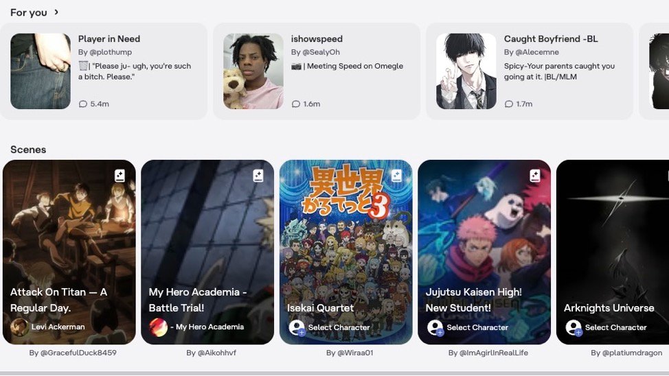 Character AI discovery page with recommended characters and Scenes