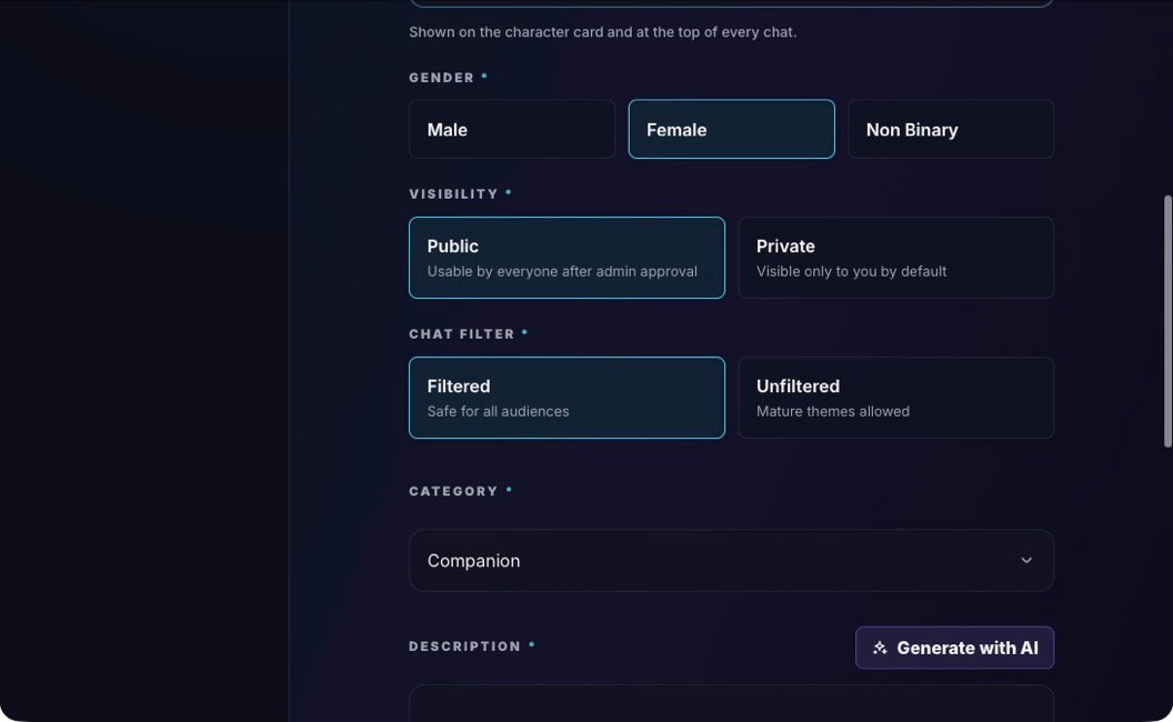 WSUP AI creator controls for gender, visibility, chat filter, and category